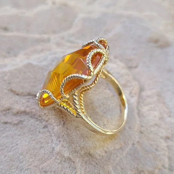 Vintage Sterling Silver Gold Plated Large Faceted Cocktail Statement Ring
